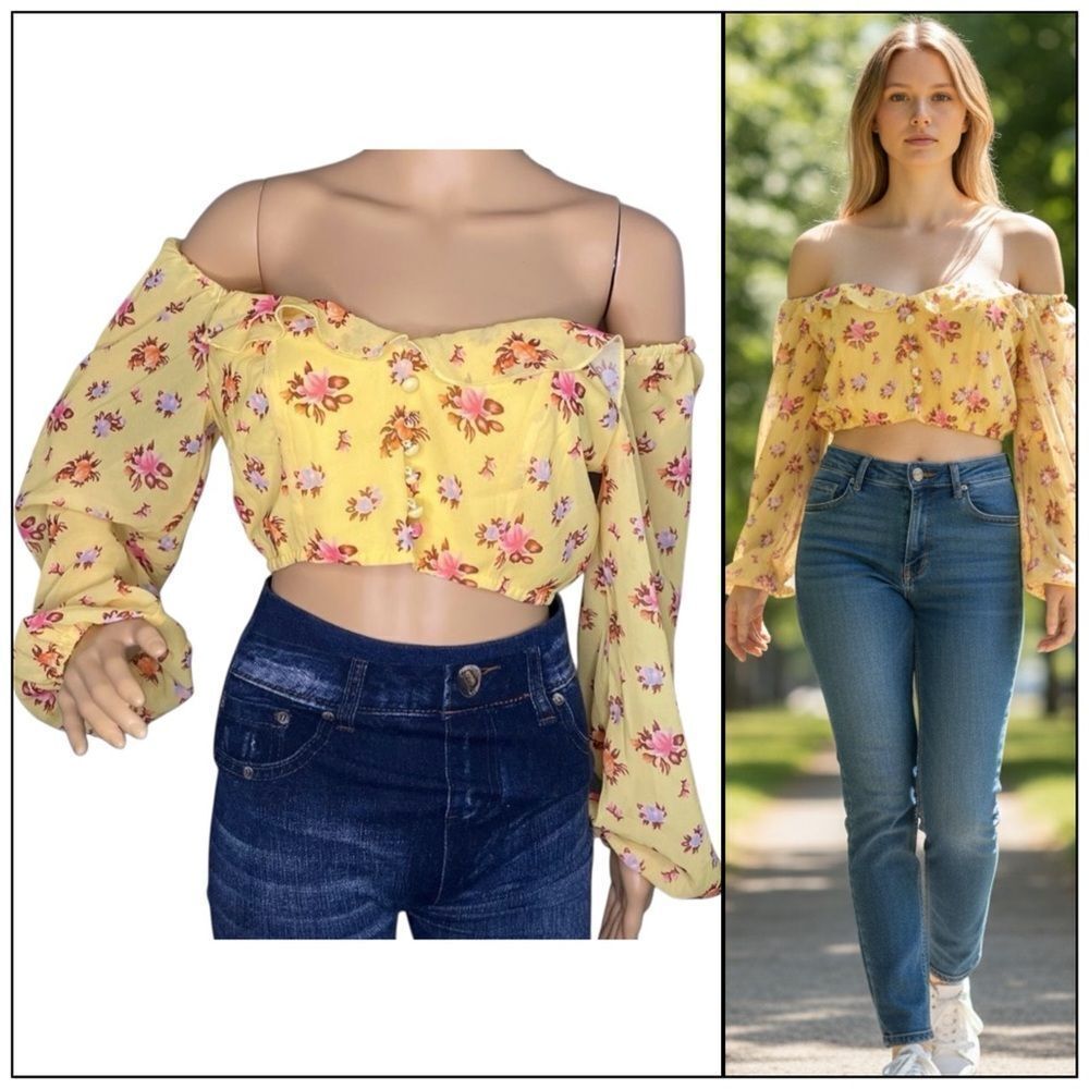 Glamaker Cropped Yellow Long Balloon Sleeve Floral Blouse Top Size Large